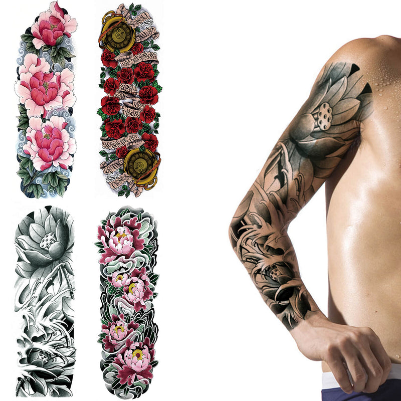 Full Sleeve Arm Thigh Rose Lotus Temporary Tattoo Sticker