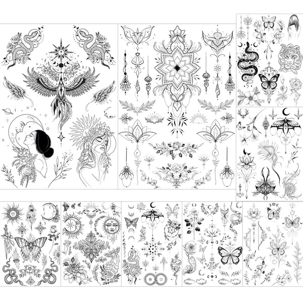 Black Phoenix Snake Floral Medusa Sun Moon Tattoo Stickers