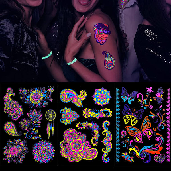 Neon UV Glow in The Dark Floral Flower Butterfly Tattoo Sticker B