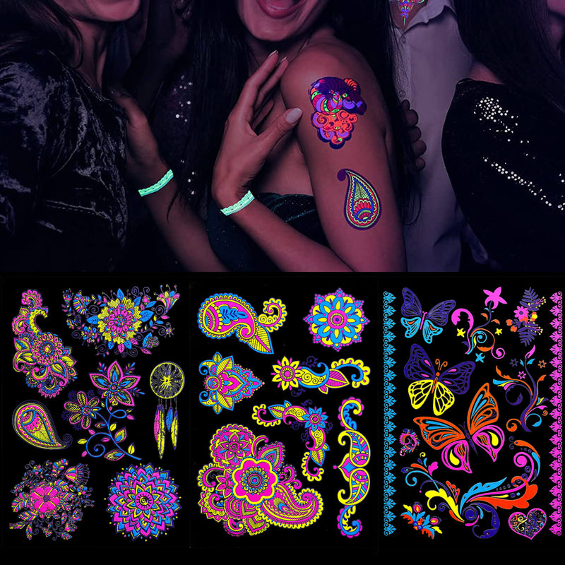 Neon UV Glow in The Dark Floral Flower Butterfly Tattoo Sticker B