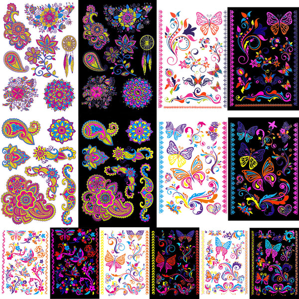 Neon UV Glow in The Dark Floral Flower Butterfly Tattoo Sticker B