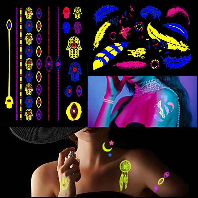 Neon UV Wings Necklace Feather Eyes Tattoo Sticker Glow in The Dark