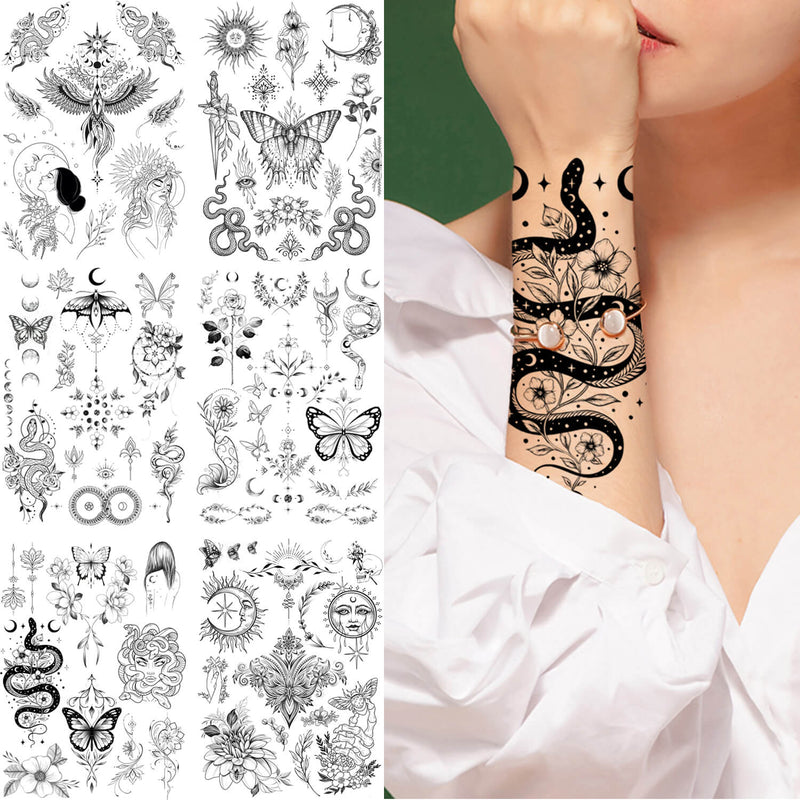 Black Phoenix Snake Floral Medusa Sun Moon Tattoo Stickers