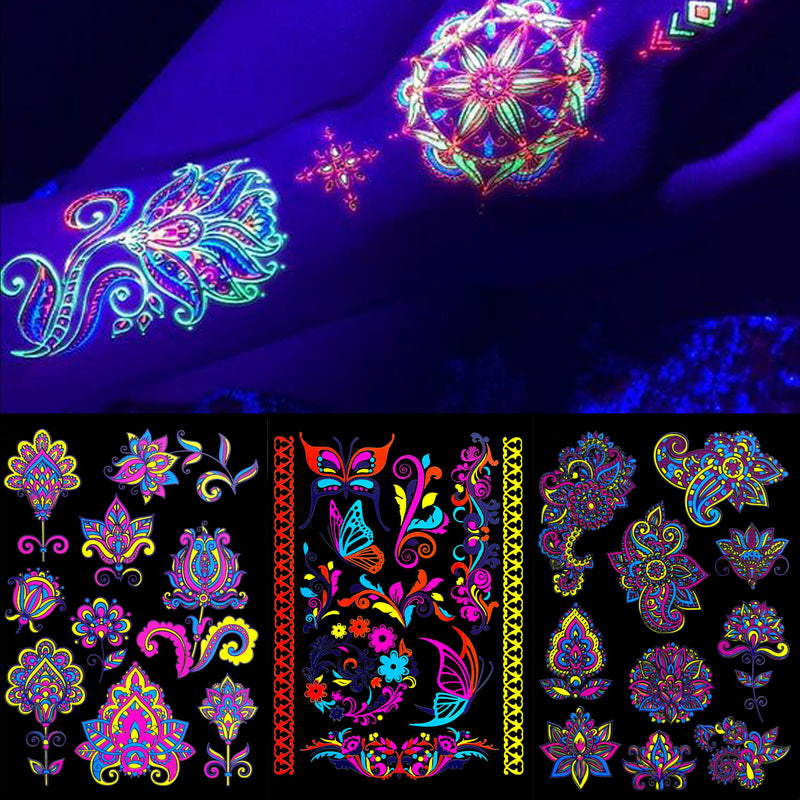 Neon UV Glow in The Dark Night Club Flower Butterfly Tattoo Sticker